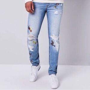 Forever 21 Space Jam Embroidered Detail Distressed Denim Jeans‎ Unisex Size 29